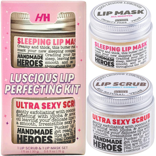 Handmade Heroes 100% Natural Coconut Lip Exfoliator & Lip Mask Gift Set - Gentle Exfoliant Sugar Lip Polish & Moisturizer for Chapped & Dry Lips