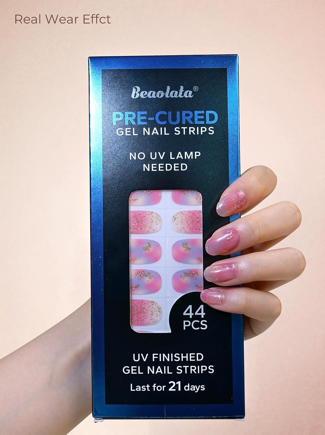 Pre Cured Gel Nail Strips - 44PCS Salon Quality Gel Nail Stickers - Long Lasting Polish Wraps for Women no UV Light Needed Easy Apply& Remove (Dusk Pink）