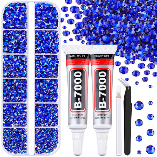 6100Pcs Royal Blue Rhinestones for Crafting with 2Pcs 10ml B7000 Jewelry Glue, 1 Box Flatback Crystals Diamond for Bedazzling Crafts DIY Nail Art Resin Gems for Clothing Shoes