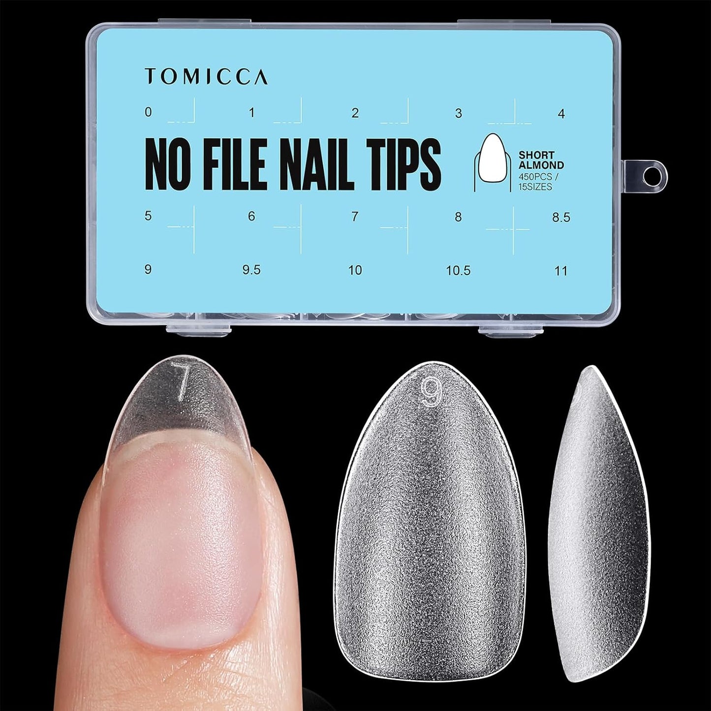 TOMICCA Short Almond Nail Tips - 450Pcs Acrylic Nail Tips Kit, 15 Sizes Pre Buffed Almond False Tips, Full Cover Double-sided Matte Nails for Nail Art Extension Press on Nails