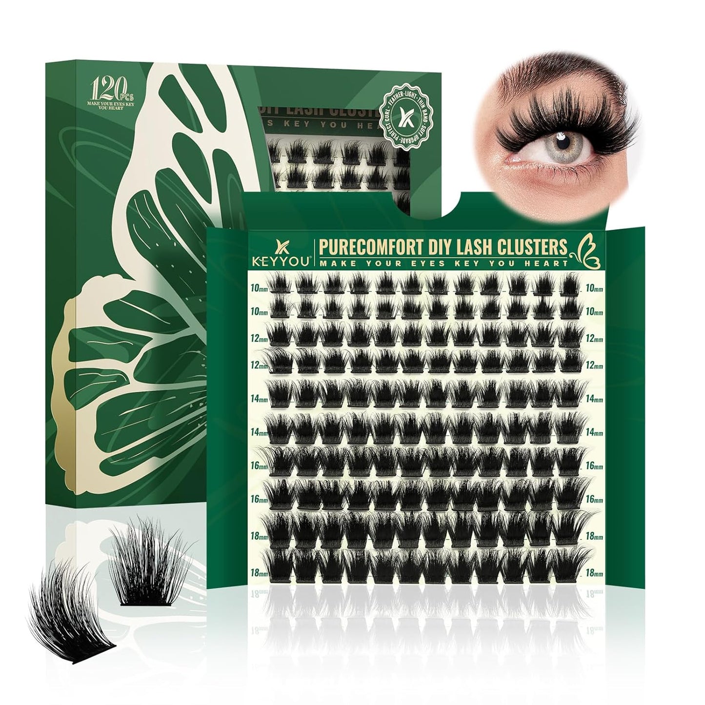KEYYOU Lash Clusters 120pcs Eyelash Clusters 10-18mix D Curl Cluster Lashes Thick Super Soft Wispy DIY Eyelash Extension at Home(PC01-D-10-18MIX)