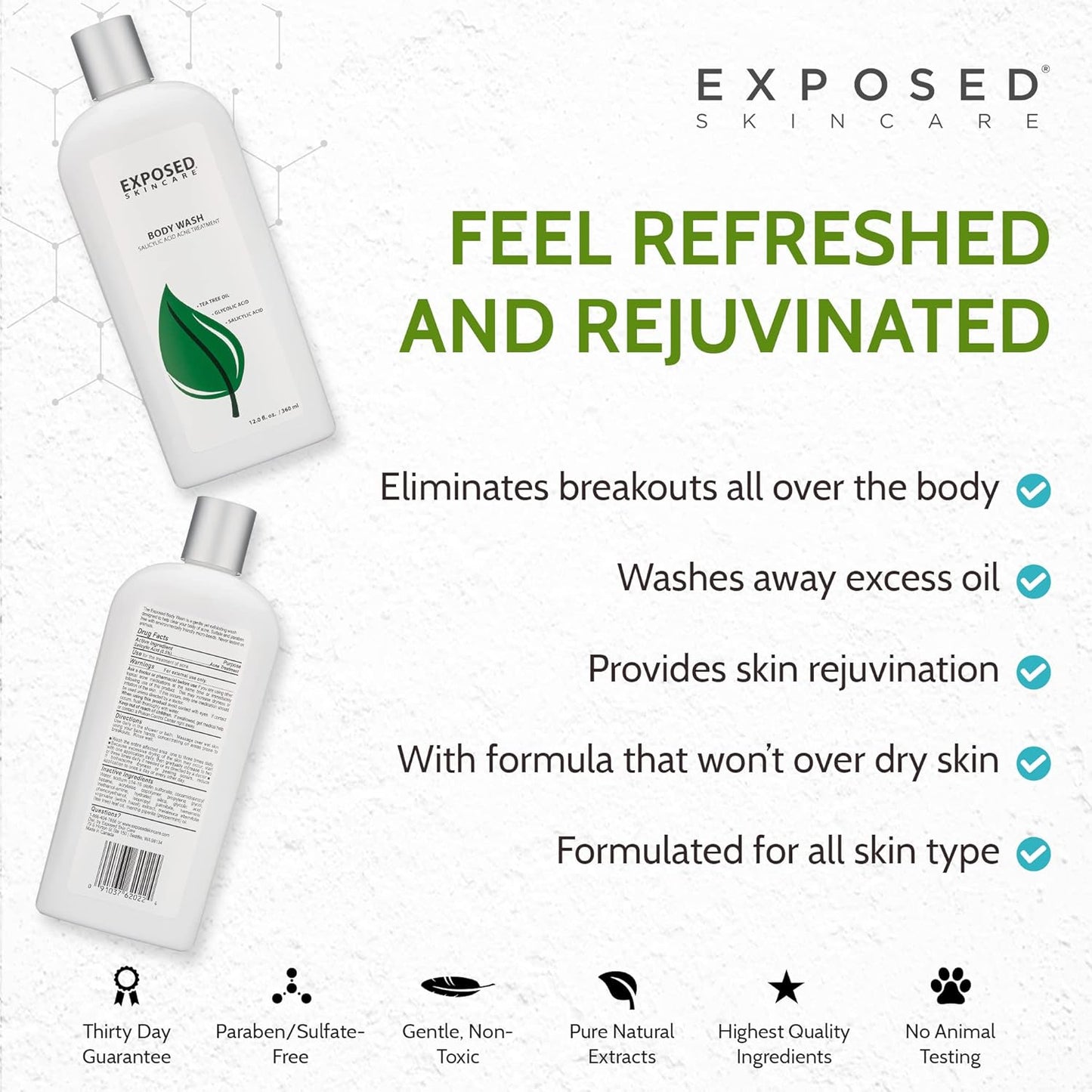 Exposed Skin Care Body Wash - Back and Body Acne Wash with Salicylic Acid and Tea Tree Oil – Exfoliating Bacne Treatment for Clearer, Healthier Skin – Body Cleanser for All Skin Types (12 fl oz)