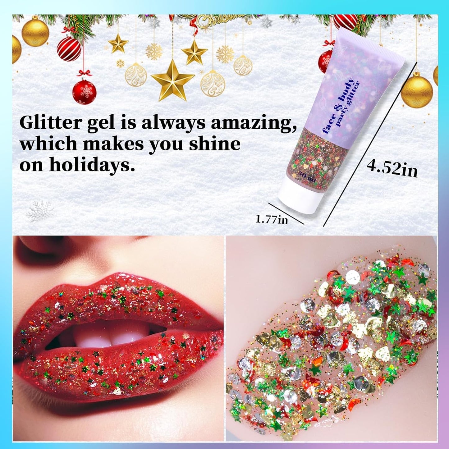DAGEDA Body Glitter Gel, Face Glitters Body Gel Sequins Shimmer Liquid Eyeshadow, Chunky Glitter for Face Hair, Holographic Cosmetic Laser Powder Festival Glitter Makeup1.7oz (Christmas)