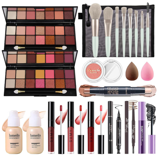 Makeup Present Set for Teen Girl Women, Travel Makeup Kit, Makeup Full Kit for Beginner, Makeup Bundle Include 2 Matte & Shimmer Eyeshadow Palettes, Liquid Glitter Eyeshadow & Eyeliner