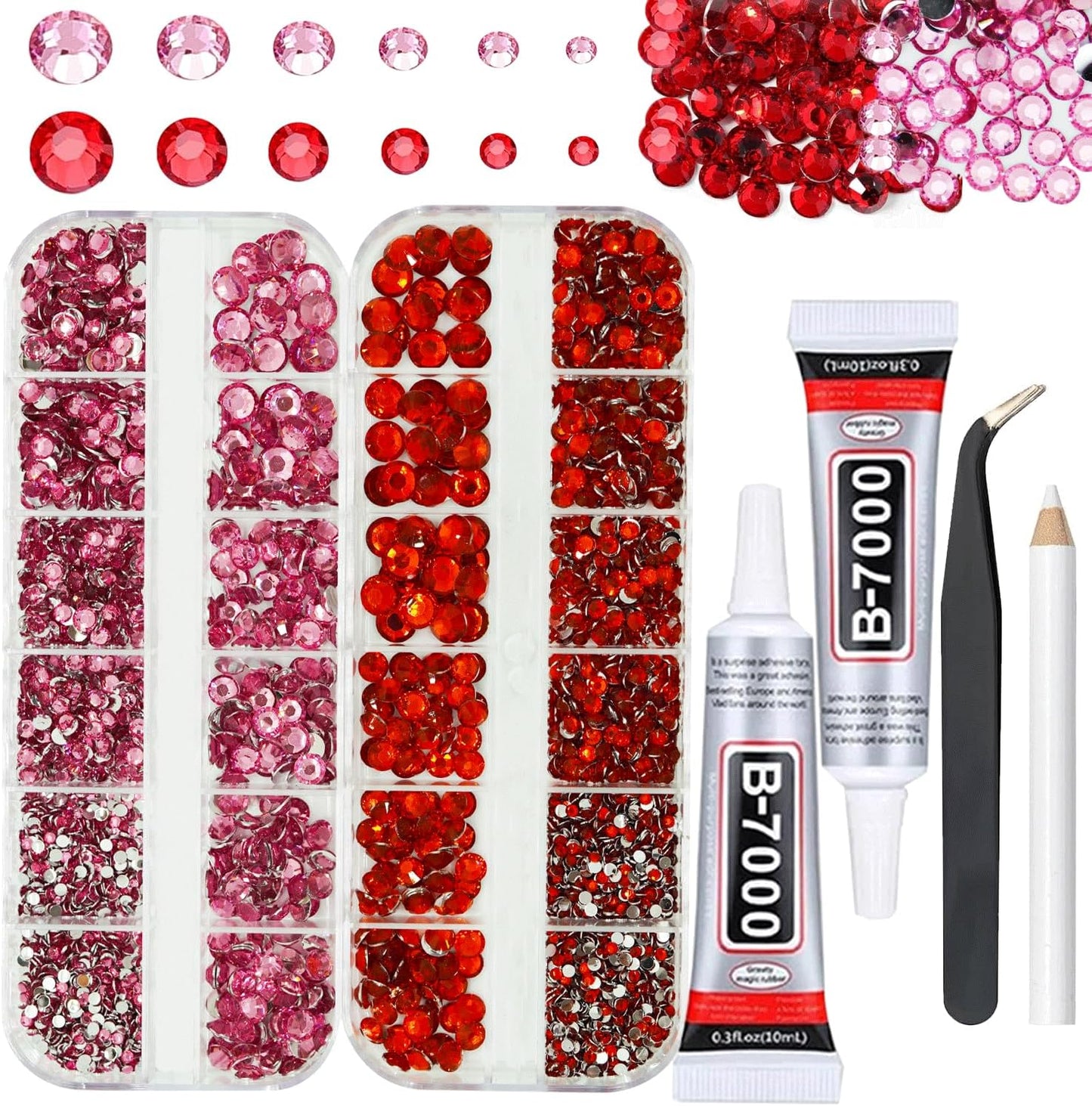 Pink and Red Rhinestones with Glue(S8-S30) for Bedazzling,2mm-6mm Non-Hotfix Flatback Nail Gems Beads with B7000, Resin Nail GemsStones Diamond Kit for Bedazzle Crafting, Nails DIY Art Decoration