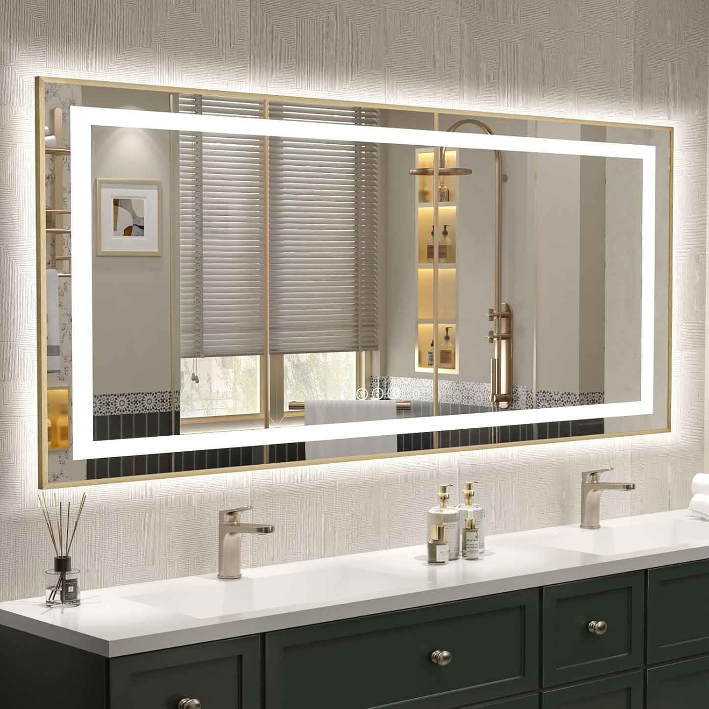 OKPAL 60x28 LED Bathroom Mirror Gold Metal Framed Front Light & Backlit, Lighted Vanity Mirror, Anti-Fog, Dimmable, 3 Colors, Shatterproof, ETL Listed, Horizontal/Vertical