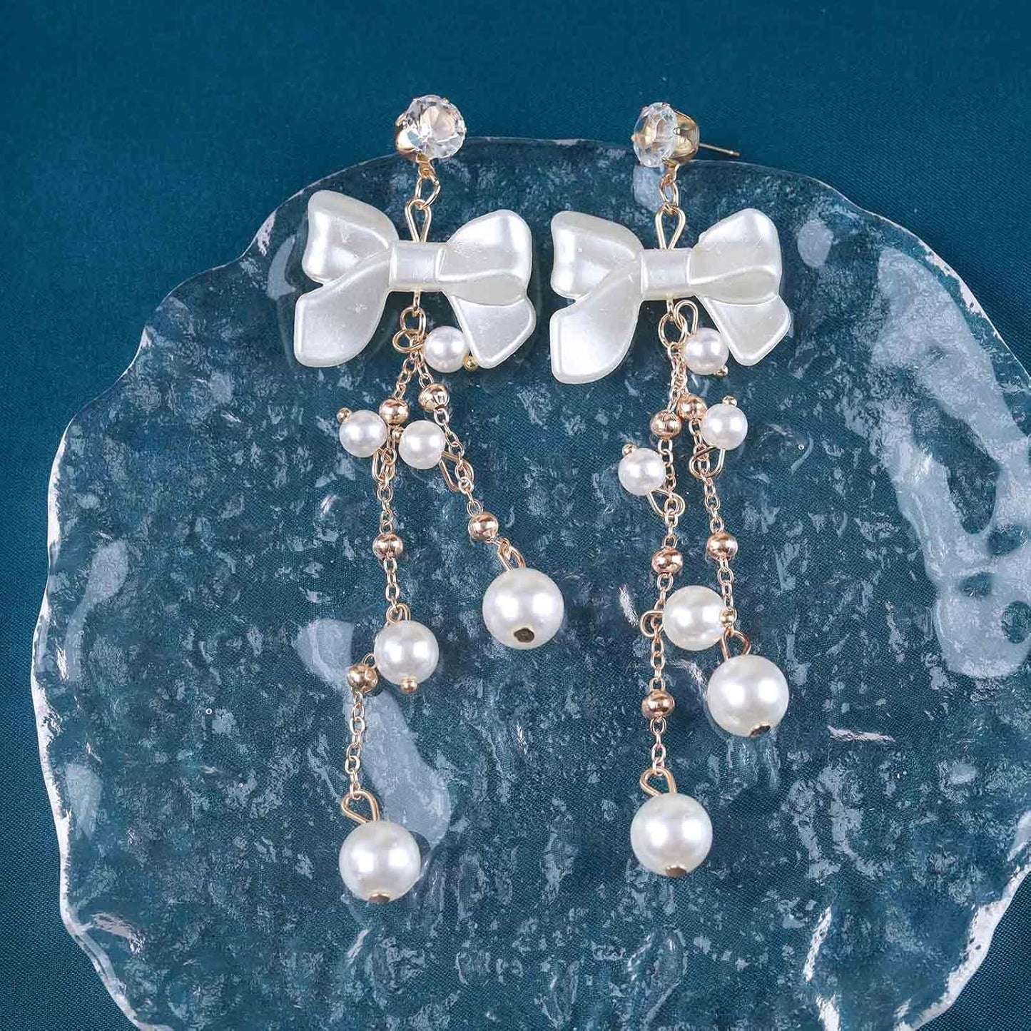 Vintage Crystal Pearl Drop Earrings Pearl Bow Dangle Earrings Long Pearl Tassel Chain Earrings Cz Bow Stud Earrings Jewelry for Women