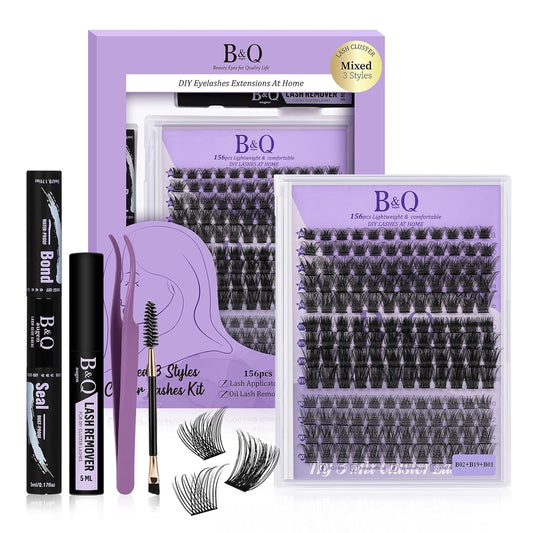 B&Qaugen Lash Clusters 156PCS Lash Clusters Kit B01+B02+B19 DIY Lash Extension Kit Eyelash Extension Kit 8-18mm Wispy Lashes Clusters with Lash Bond & Seal Lash Applicator Tool for DIY (Andromeda)