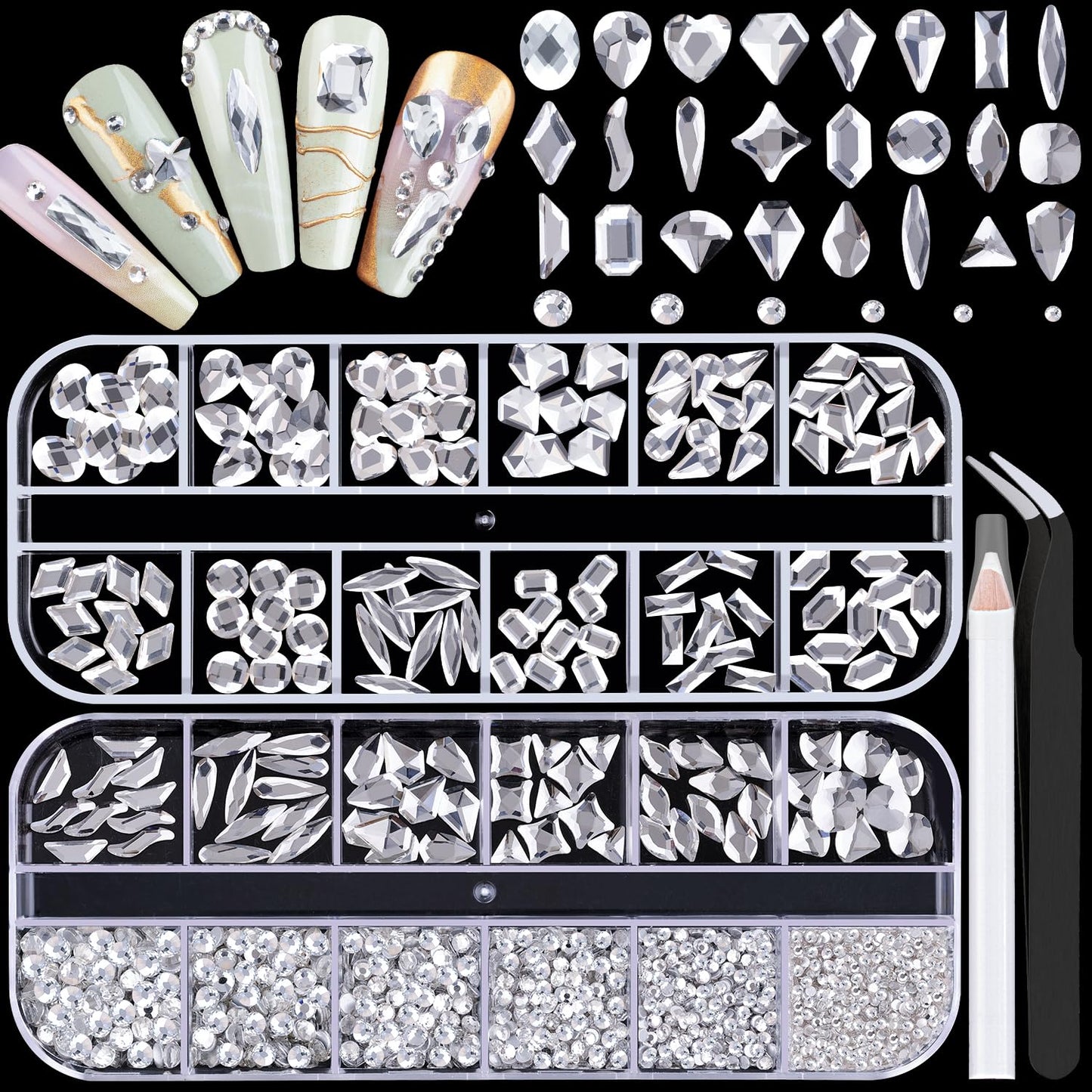 1680Pcs Silver Clear Nail Rhinestones 180Pcs Multi Shapes Glass Flatback Nail Gems + 1500Pcs 1.5-4mm Round Crystal, Manicure Nail Charms Diamond Gemstones for Acrylic Nails Decoration