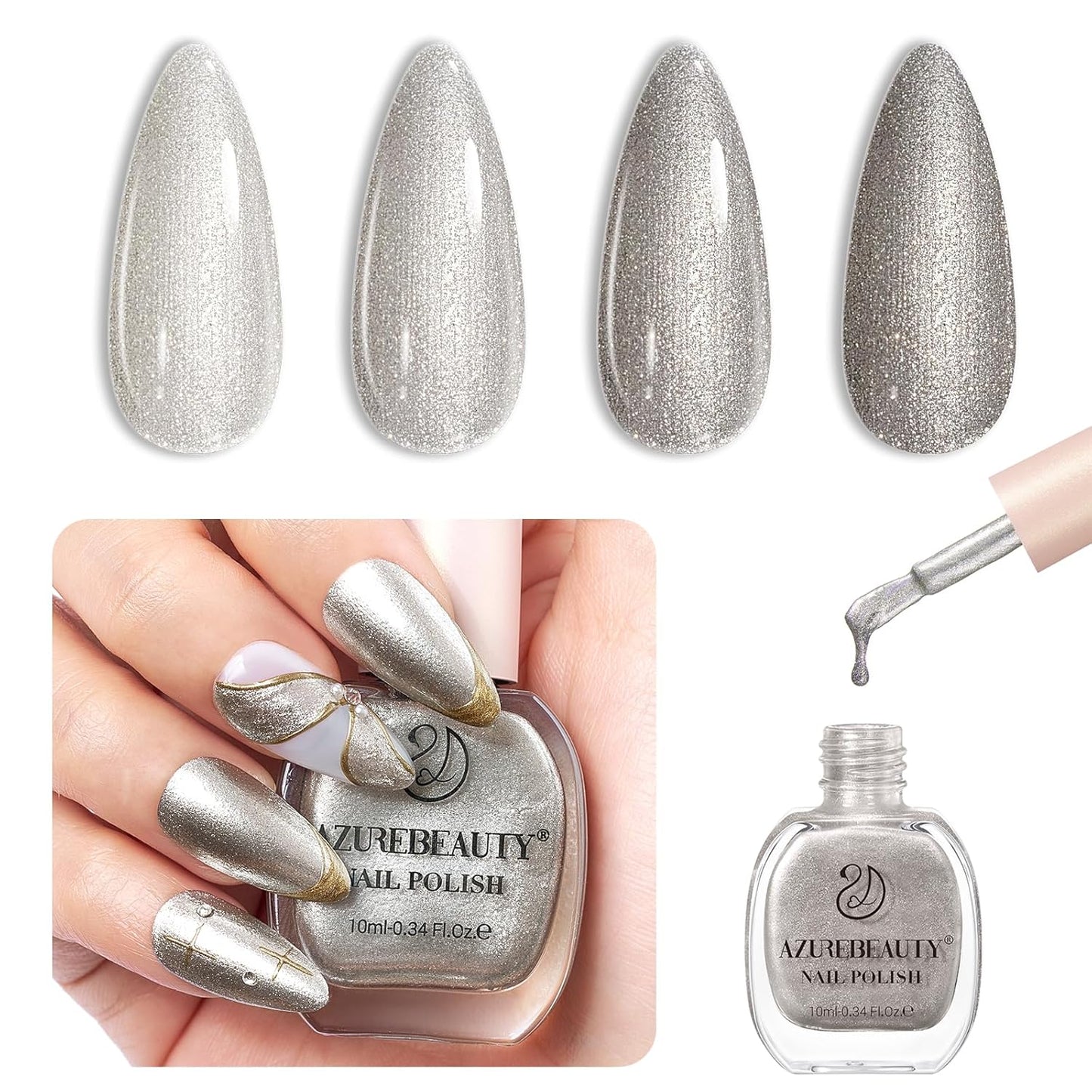AZUREBEAUTY Silver Glitter Nail Polish Metallic Fast Drying Natural Shine Nail Lacquer Fingernail Polish Salon-Quality for Women 10ml