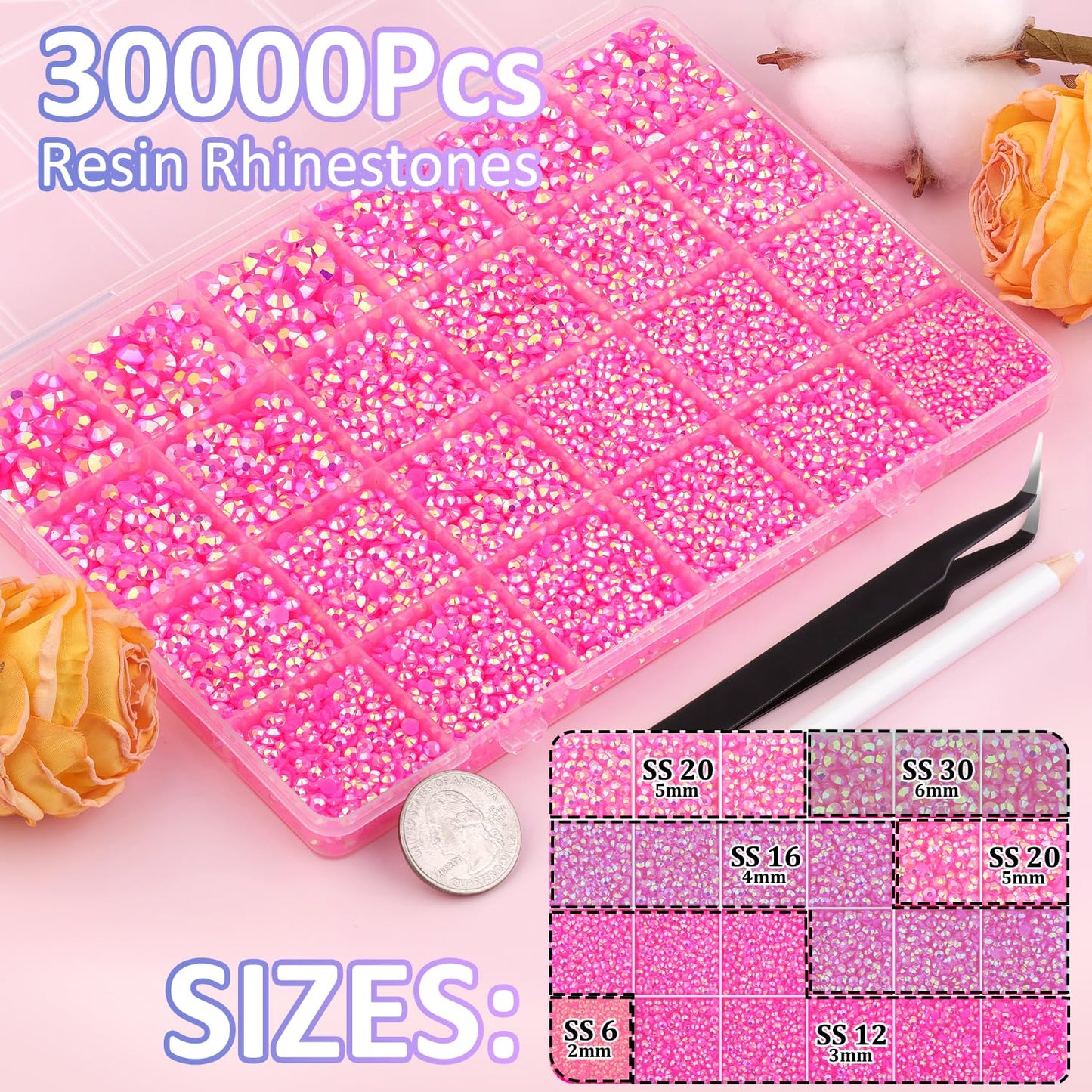30000Pcs Hot Pink AB Rhinestones for Bedazzling with B7000 Jewelry Glue, Bedazzler Kit Flatback Gems, Resin Rhinestones for Crafting Crafts Clothing Shoes Fabric Nail Art Assorted Size 2/3/4/5/6mm