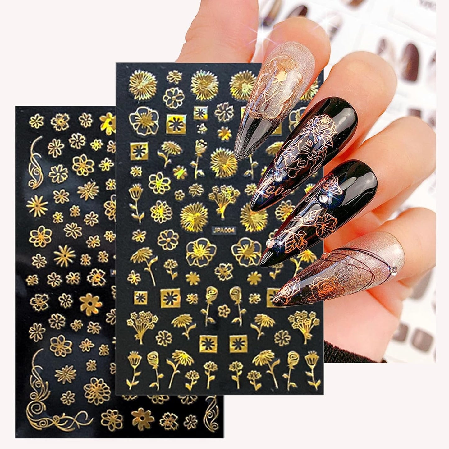 Gold Stickers for Nails - 10 Sheets 3D Self-Adhesive Flower, Leaf, and Geometry Designs - Manicure Art Supplies and Decorations for Women, Style5