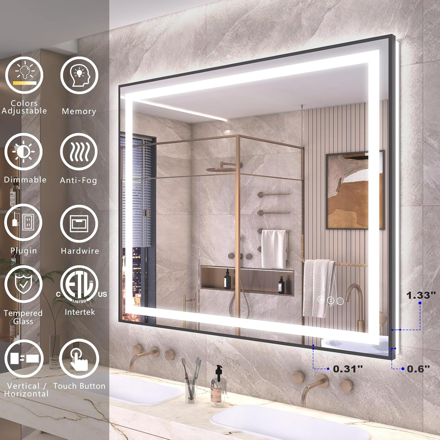 OKPAL LED Bathroom Mirror with Lights, 48x32 Black Frame LED Vanity Mirror, Lighted Mirrors for Bathroom Wall, Front and Backlit, Dimmable, Anti-Fog, 3 Colors, Shatterproof, ETL Listed