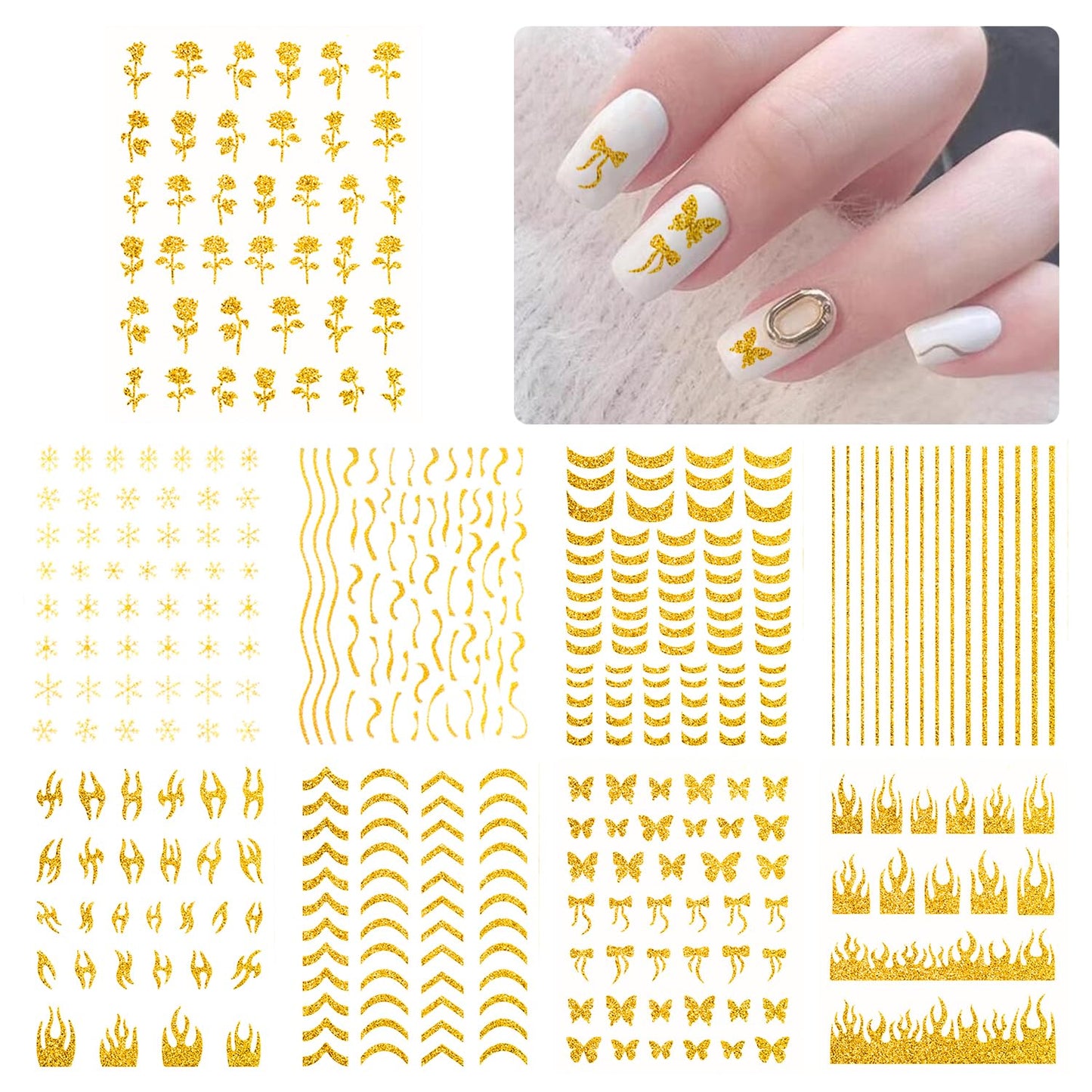 SILPECWEE 8 Sheets Gold Glitter Nail Art Stickers Decals for Women Kids French Nail Stickers French Tip Stripe Flame Flower Butterfly for Nails Design 3D Self-Adhesive Manicure Decoration