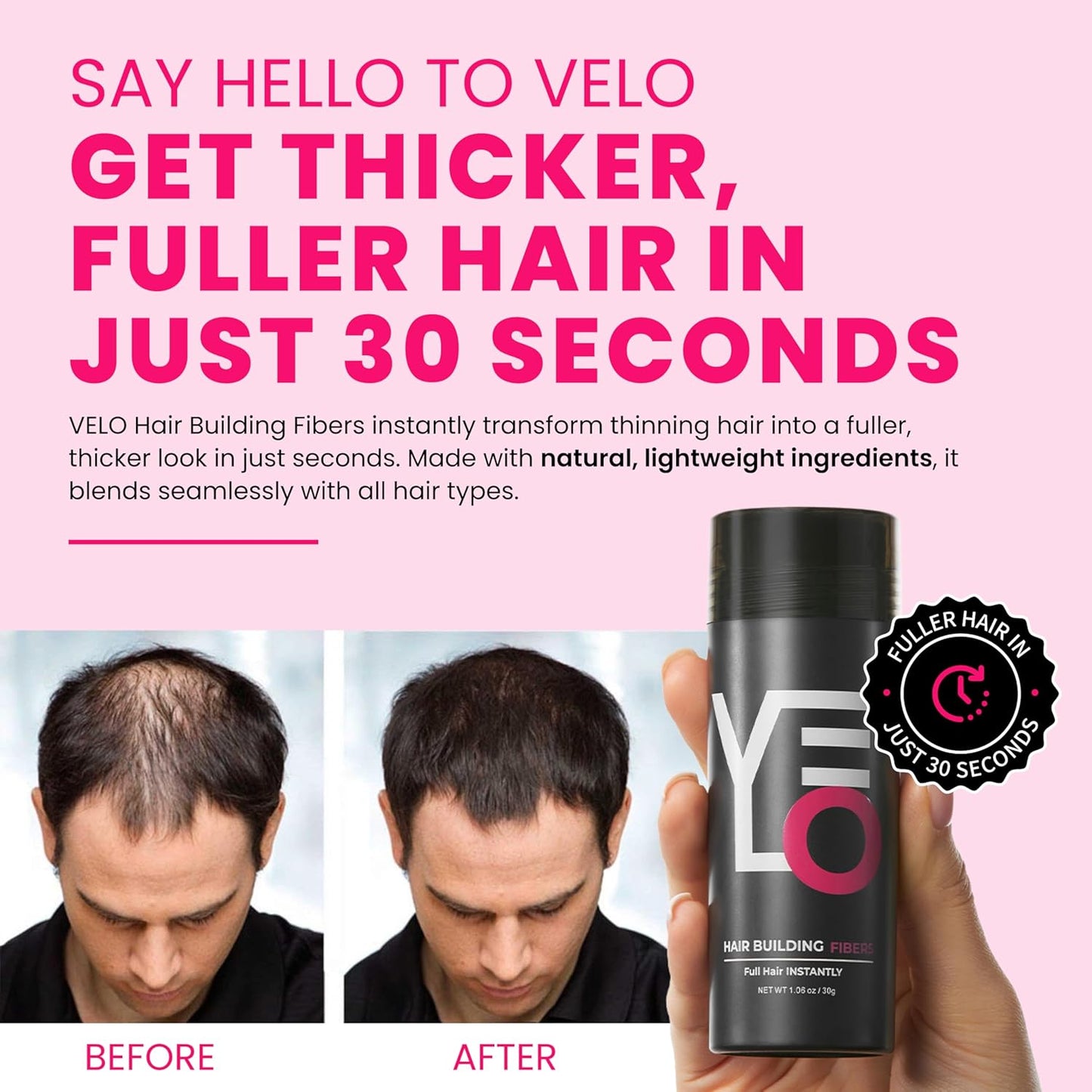 VELO Hair Building Fibers for Thinning Hair –MEDIUM BROWN Hair Fibers for Men & Women – Covers Bald Spots, Hairline Powder, Hair Thickening Fibers – Hair Filler Powder for Fuller-Looking Hair – 30g