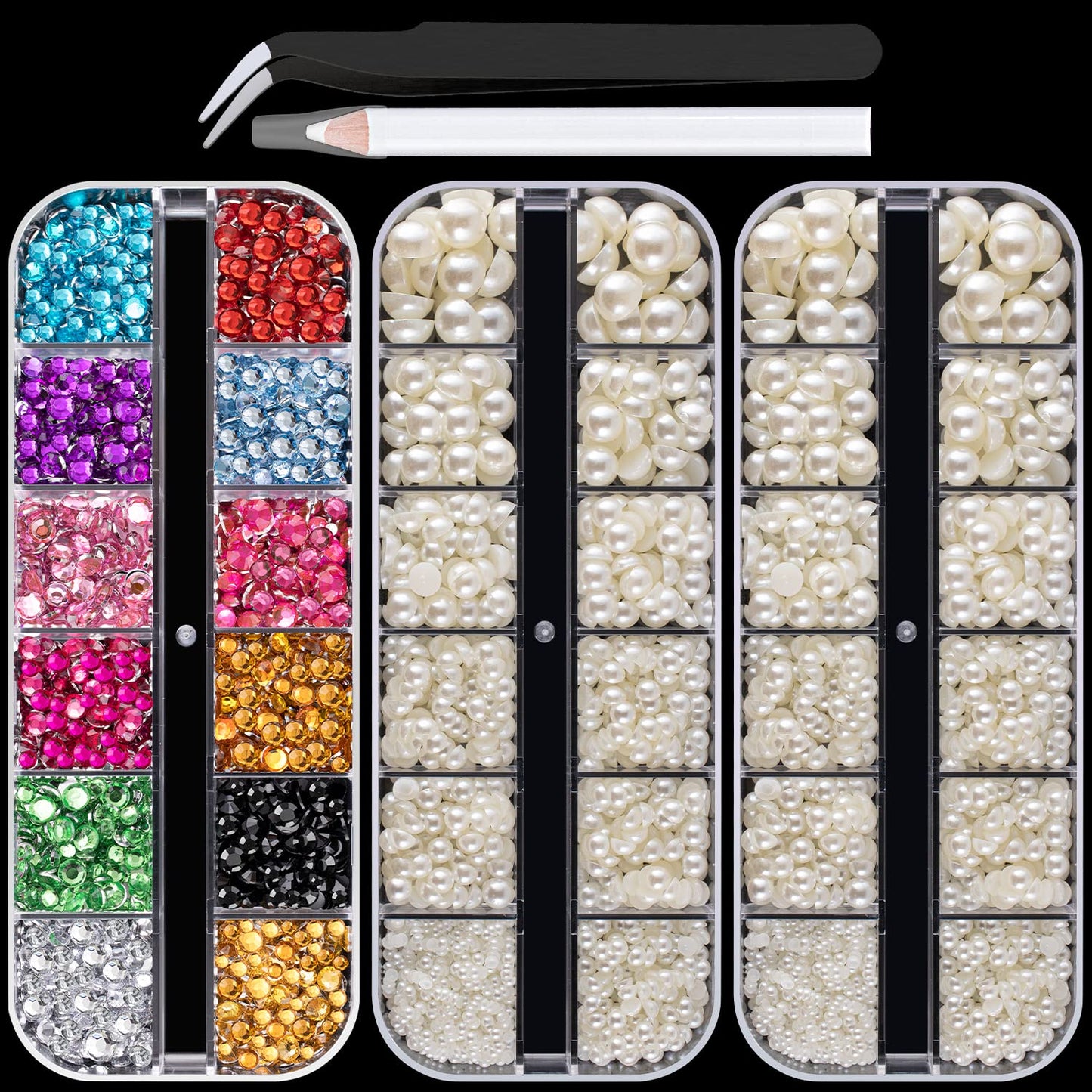 Flat Back Rhinestone+Half Round Pearl Kits Colorful Rhinestones+Beige Pearls With Picker Pencil And Tweezer For Home DIY And Professional Use