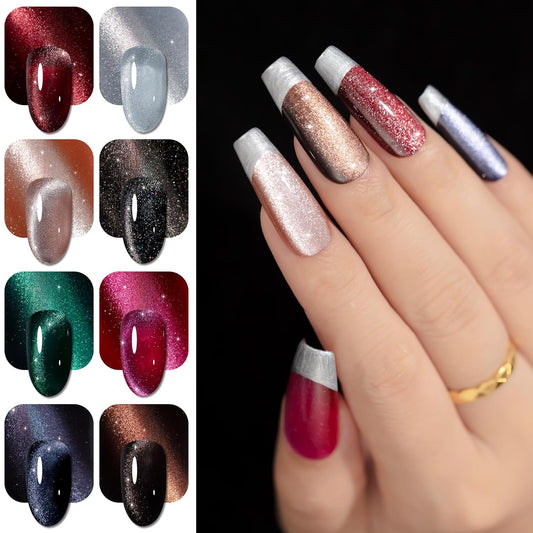YTD Likomey Cat Eye Gel Nail Polish Set,Fall Winter 8 Colors Crystal Magnetic Glitter with Magnet Stick Kit,Silver Green Blue Black Champagne Gold Brown Plum UV Color Varnish,0.25 Fl Oz 7.5 ml