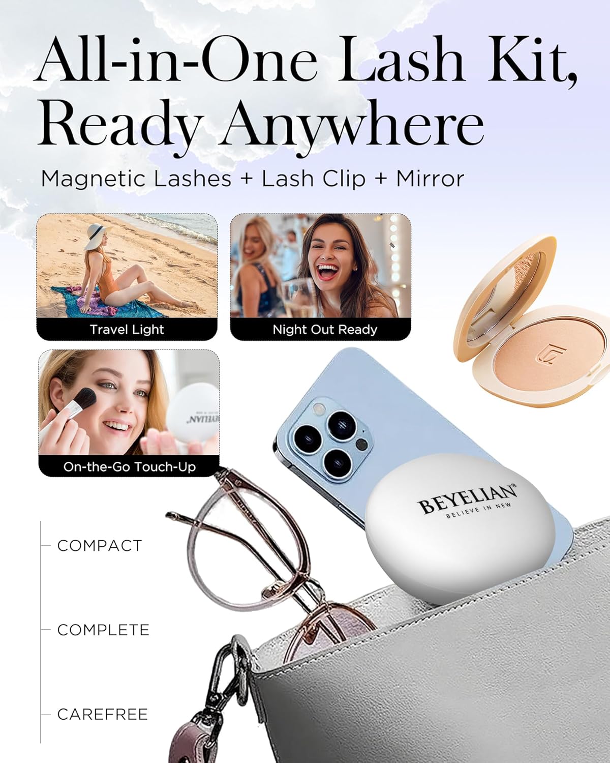 BEYELIAN Portable Magnetic Eyelashes with Applicator Kit, Upgrade Soft Magnetic Lashes, No Glue Needed Reusable False Eyelashes for Eye All-In-One Box (Lightweight & Comfortable)