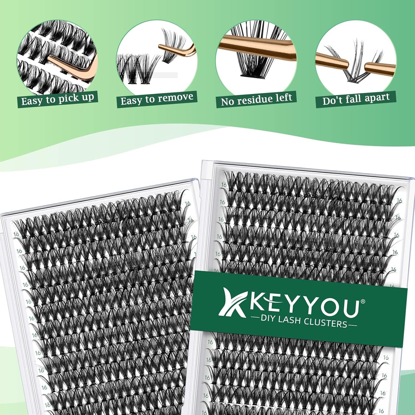 Lash Clusters 300pcs Individual Lashes 40D 0.07D Curl 16mm DIY Eyelash Extension KEYYOU Large Tray Volume Soft&Natural Cluster Lashes(40D-0.07D,16）