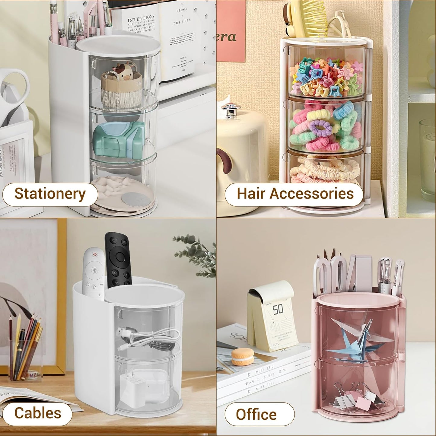 Hair Accessories Organizer with Hair Brush Holder, Rotatable Makeup Brush Holder for Necklaces, Earring, Bracelet, Ring, Makeup Brushes, Hair Clip and Hair Accessories (Pink, 2-Layer)