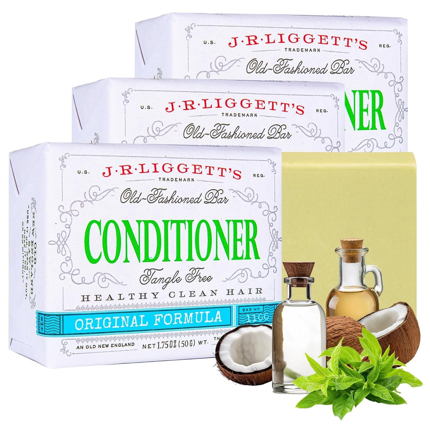 J·R·LIGGETT'S Conditioner Bar - Original Formula, All Natural Hair Conditioner with Coconut Oil & Cocoa Butter - Sulfate Free, Gmo Free, Plant-Based Ingredients for Soft & Smooth Hair, 1.75oz - 3 Pack
