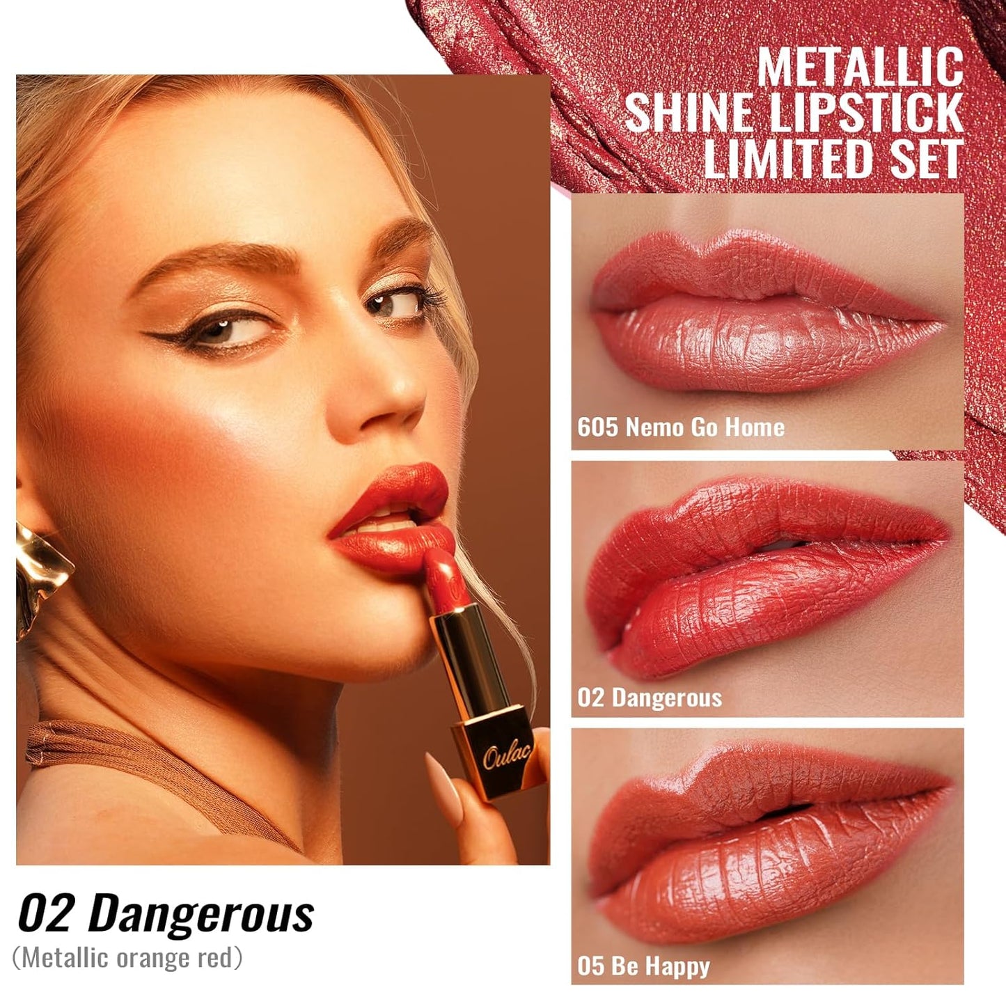 Oulac Metallic Orange Lipstick Set 3PCS, Comfortable Creamy Texture, Smooth No Grainy Feeling, Vegan & Gluten Free, Full-Coverage Lip Makeup, 3 X 4.3 g, 605+02+05