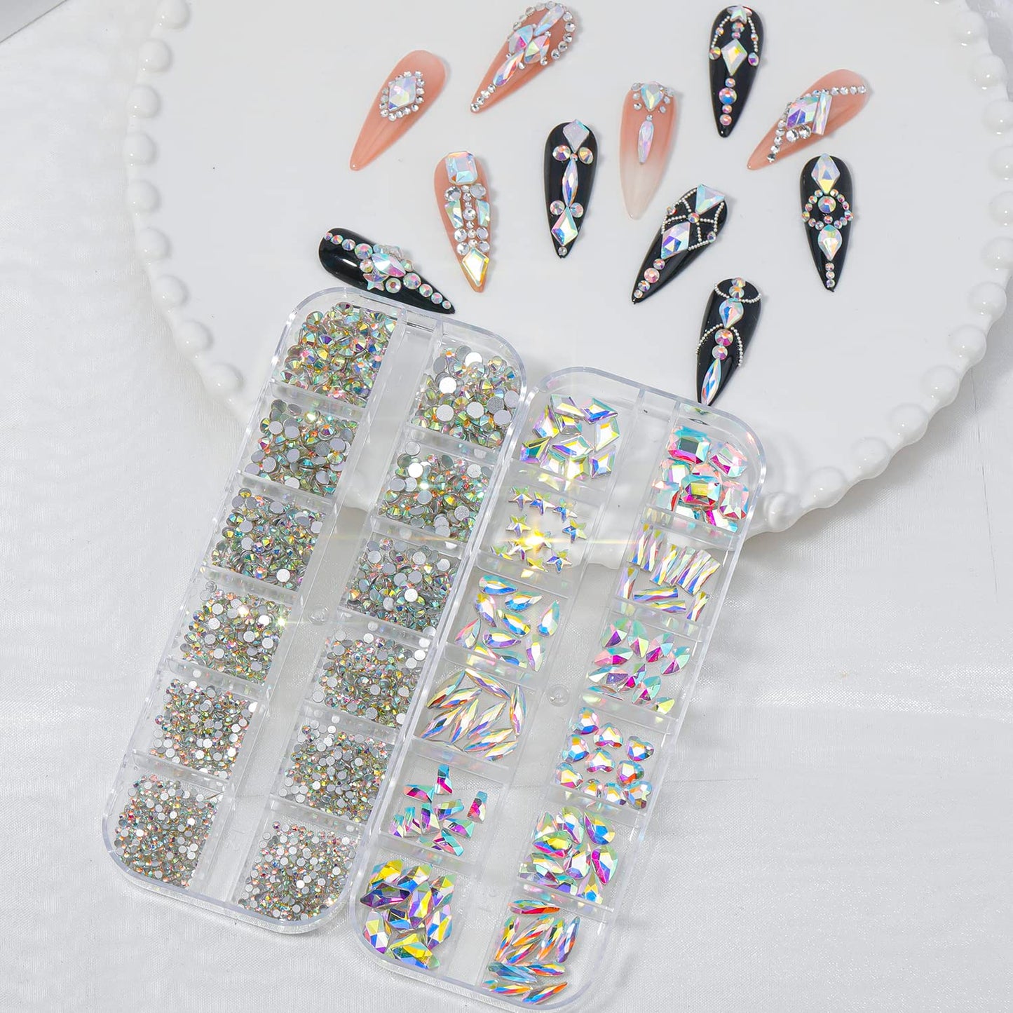 HNUIX Nail Rhinestones - 3D Multi Shape Size, AB Crystal Nail Gems and Charms, Flat Back, with Kit, for Nail Art, DIY Decorations