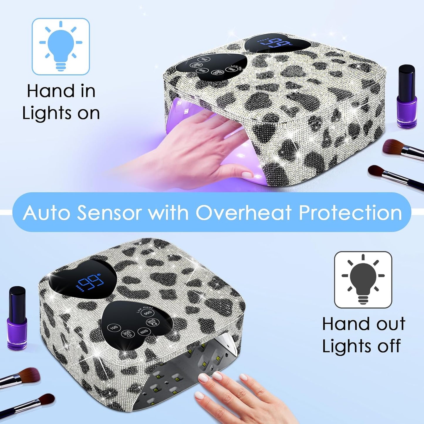 UV LED Nail Lamp Cordless, HUITINE 80W Rechargeable UV Light for Gel Nails with 5 Timers & Mirror Base, Professional Gel Light Dryer, Sparkling Rhinestones Curing Lamp for Salon & Home (Cow Diamond)