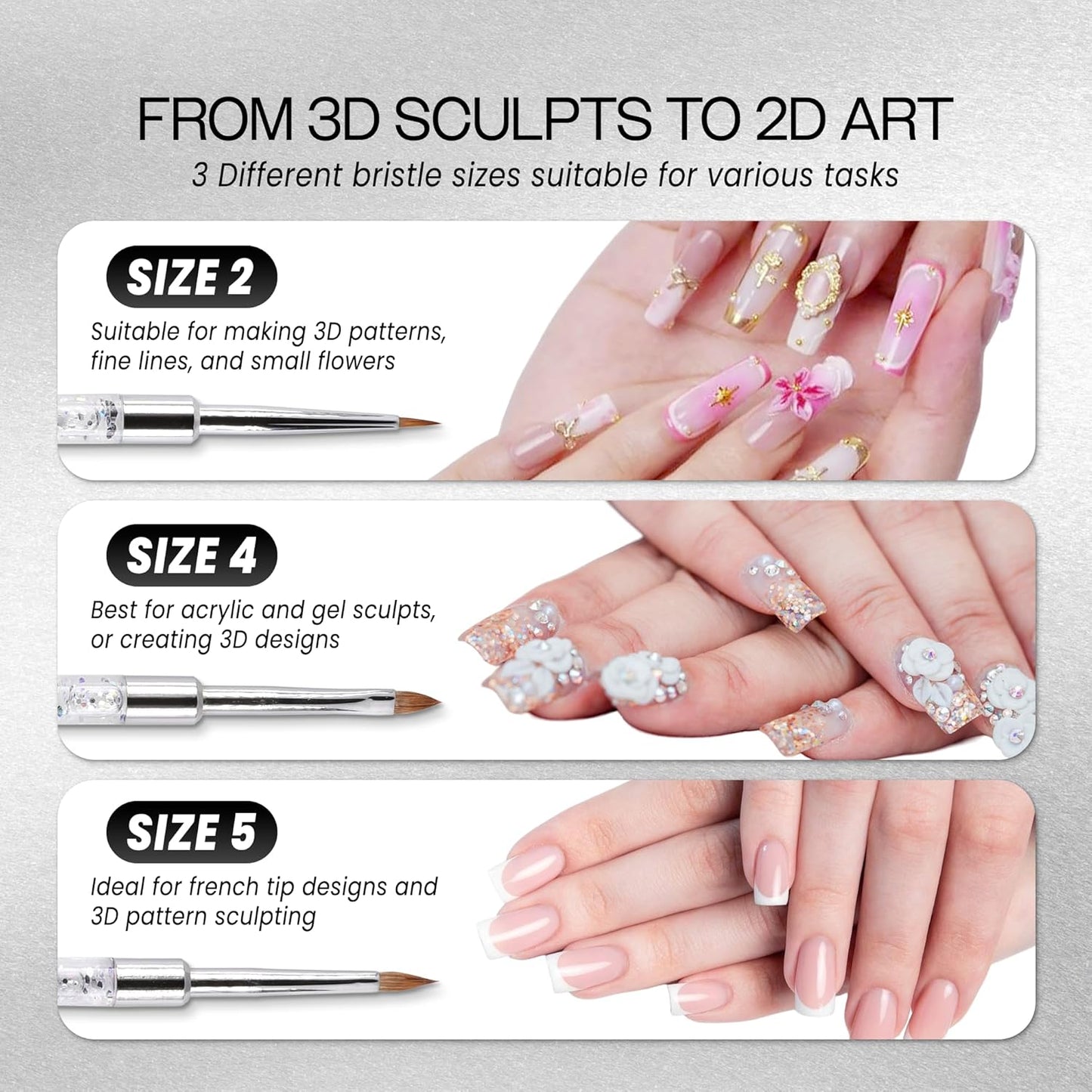 PANA 3D Kolinsky Nail Art Brush - Silver Glitter Handle, Size 2 - Acrylic Nail Art Sculpture Brush for Manicures Pedicure Salon Professional or Beginner