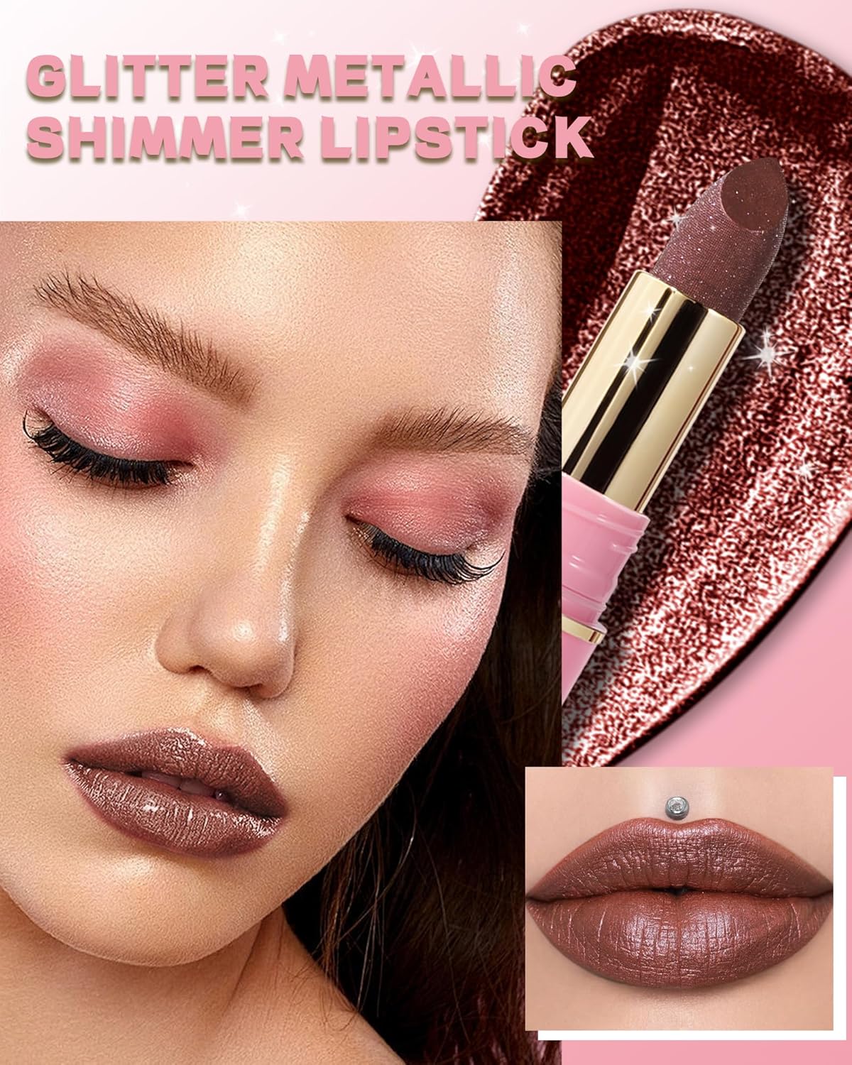 Glitter Metallic Brown Shimmer Lipstick Long Lasting, Glitter Diamond Shine Nude Red Lipstick Transfer Proof Non-Stick Lip Gloss Shimmer Highly Pigmented Full Coverage Lip Makeup for Women-08