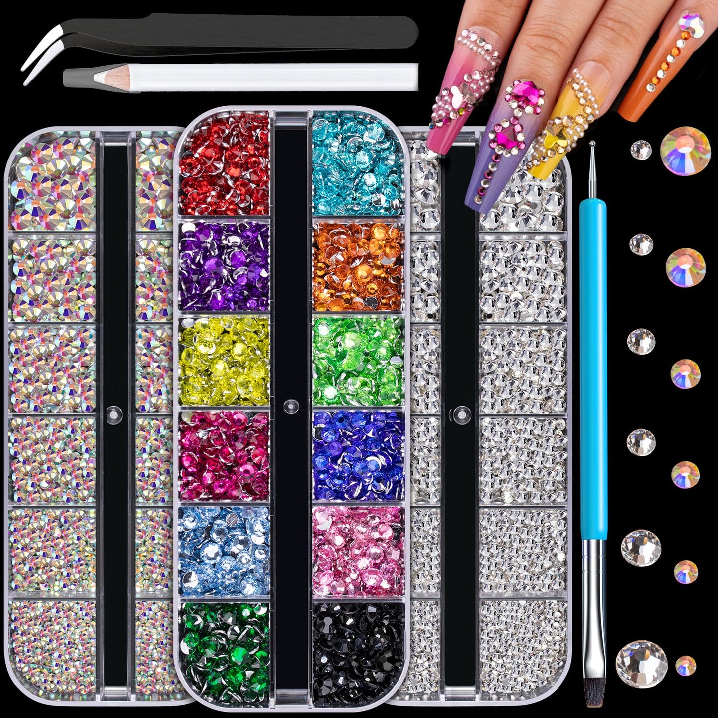 Rhinestones for Nails, Manicure Gem, Flatback Glass Crystal AB + Transparent Clear Gemstones and Colorful Resin Beads, 2-5mm Round Gems for Professional Salon DIY Nail Art with Pickup & Dotting Tools