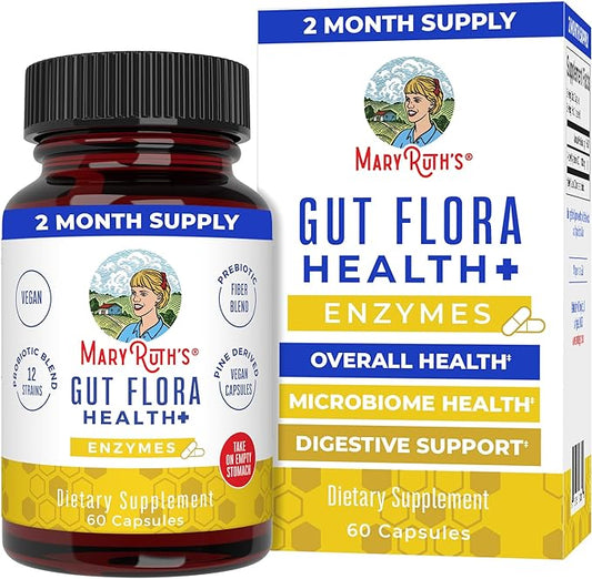 MaryRuth Organics Gut Flora Health+ Enzymes | Up to 2 Month Supply | Prebiotic Probiotic Digestive Enzymes Blend for Healthy Gut Biome & Digestive Support | Gastrointestinal Health | 60 Capsules