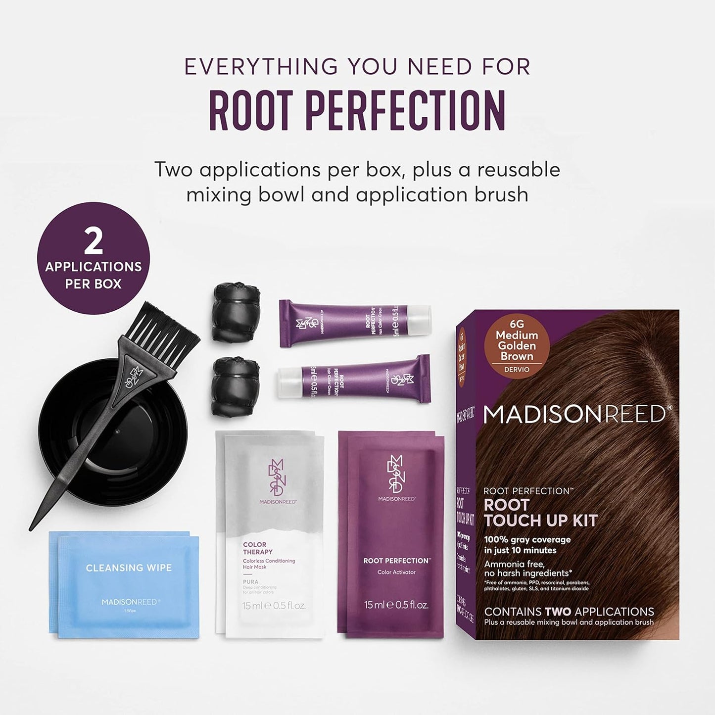 Madison Reed Root Perfection Permanent Root Touch Up, Medium Golden Brown 6G Dervio, 10 Minutes for 100% Gray Root Coverage, Ammonia-Free Hair Dye, Two Applications