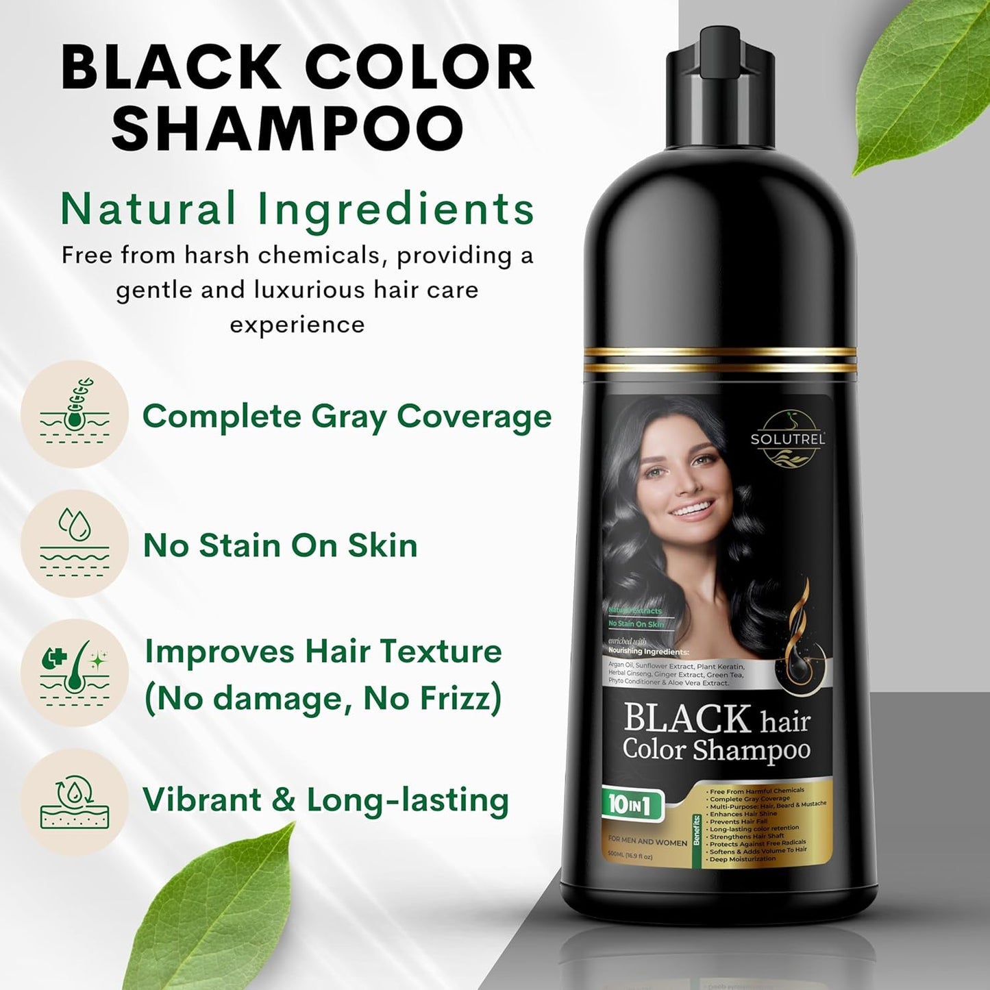 Black Hair Dye Shampoo – Instantly Covers Gray Hair in Minutes – 10-in-1 Herbal Hair Color – No Stain, Ammonia-Free, Natural – For Men & Women