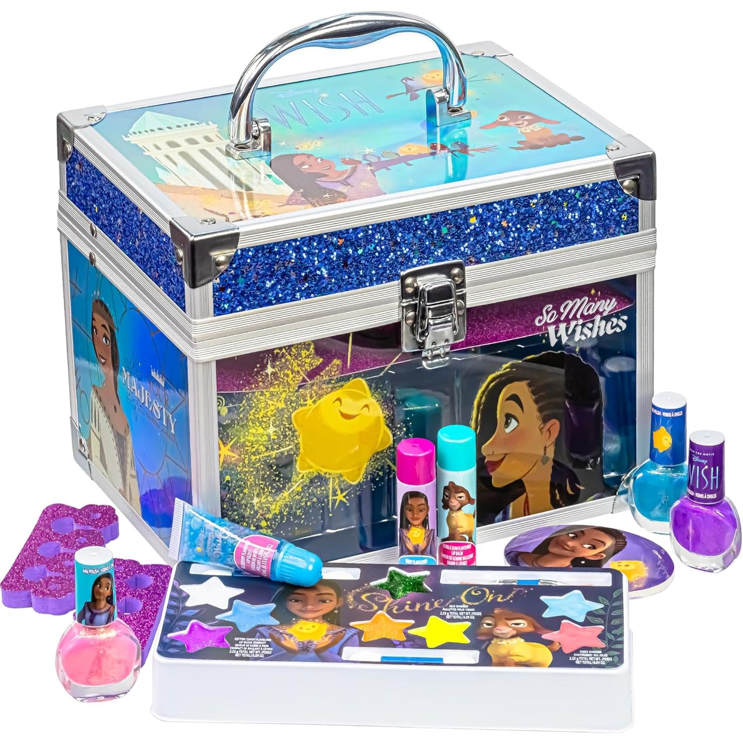 Disney Wish - Townley Girl Train Case Cosmetic Makeup Set Includes Lip Gloss, Eye Shimmer, Brush, Nail Polish, Accessories & more! for Girls, Ages 3+ perfect for Parties, Sleepovers & Makeovers