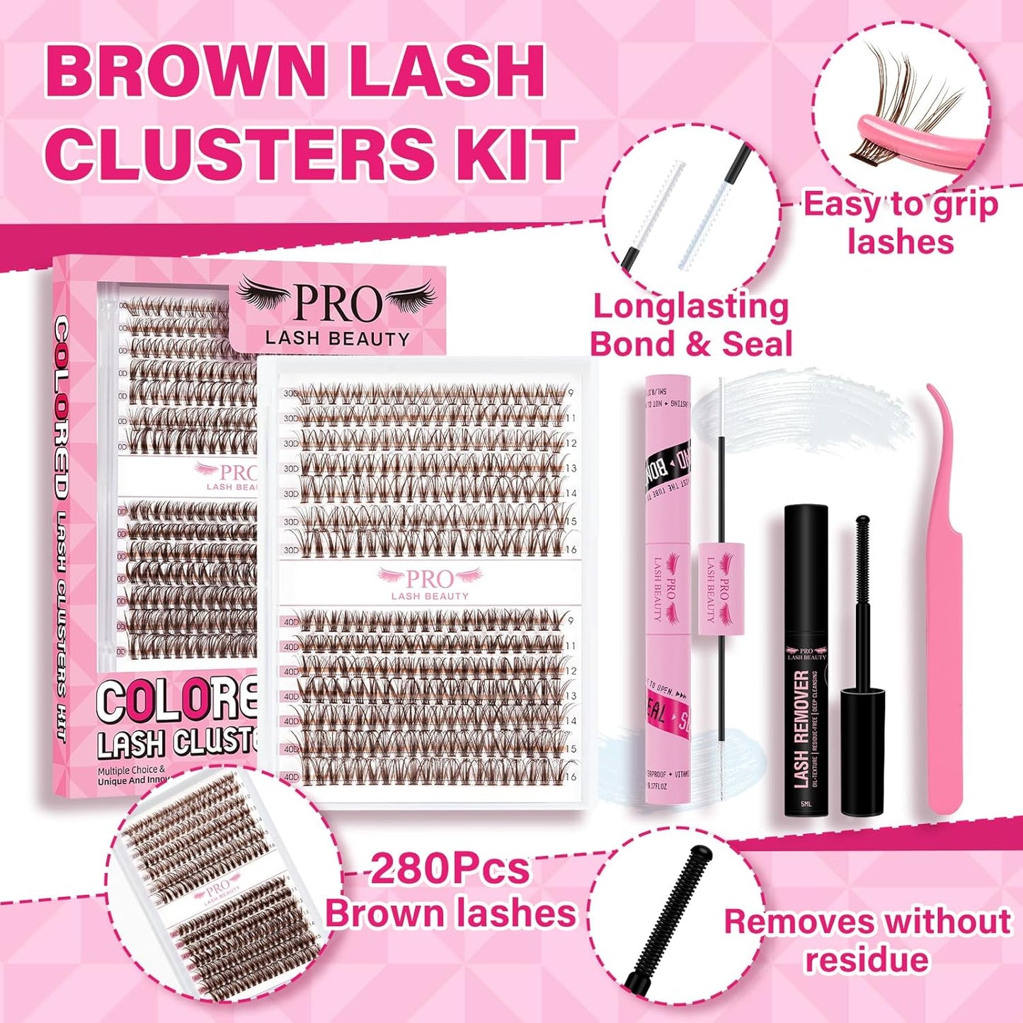 Brown Lash Extension Kit 280pcs Brown Lash Clusters Eyelash Extension Kit With Lash Bond And Seal Lash Remover Lash Applicator Eyelash Brush Easy to Apply at Home for Self Use (30D+40D-9-16mix Kit)