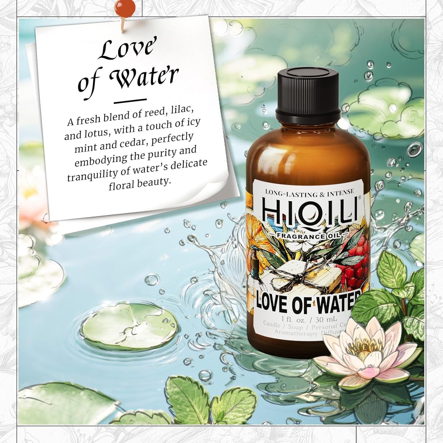 HIQILI Love of Water Fragrance Oil for Aromatherapy Diffuser, Inspired by Kenz. o's L'Eau, Great for Making Scented Candles, Bath Soaps, More DIY Projects - 1 Fl Oz