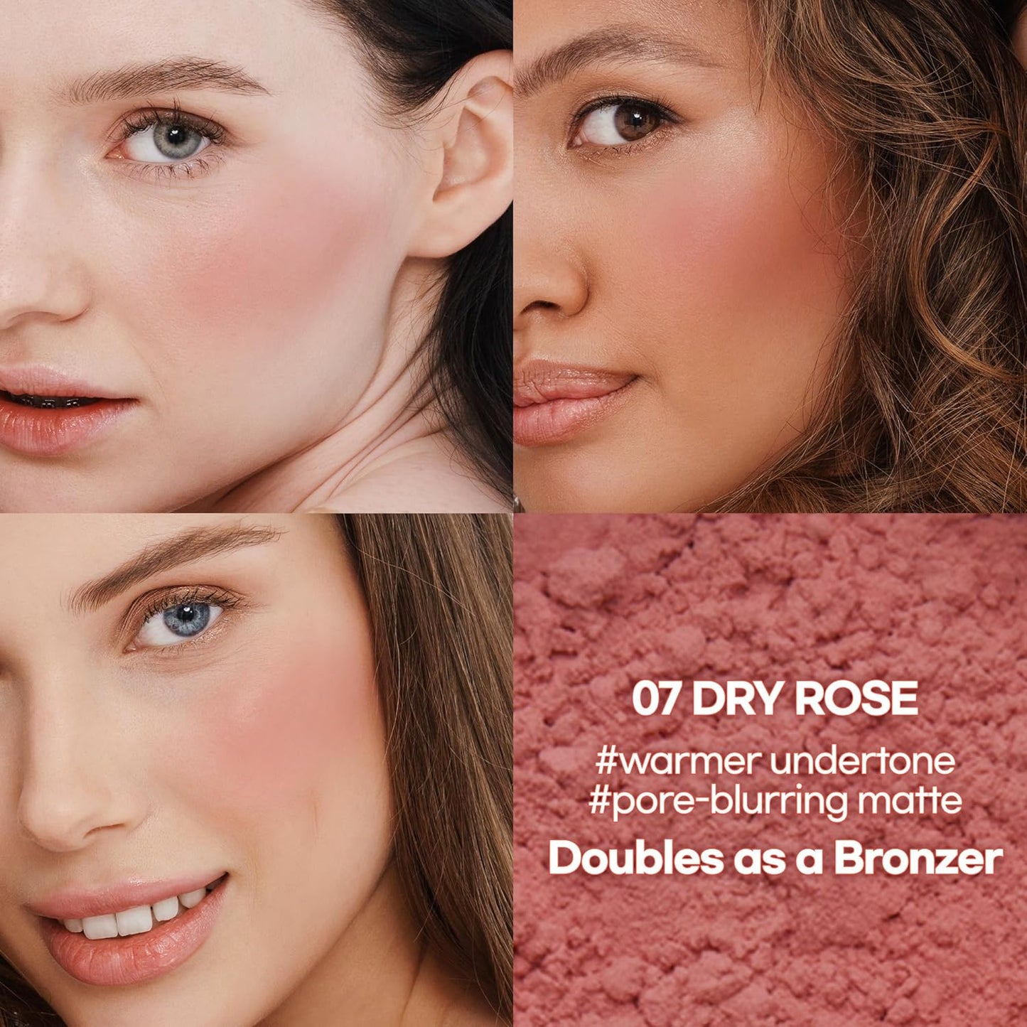 Hope Girl 3D Powder Blusher 0.17oz | Skin-Loving Korean Mini Blush for Cheeks and Eye Makeup w/Allantoin | K Beauty Cool Toned Vibrant Sunkissed Fine Powder Makeup Blush Cosmetics (#07 Dry Rose)
