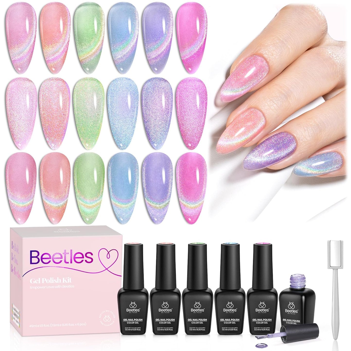 Beetles Cat Eye Gel Nail Polish Set - 6 Colors Summer Rainbow Cat Eye Gel Pink Blue Green Purple Orange Gel with Magnet Soak Off UV Iridescent Halo Collection Salon Nail Art Manicure Gift for Women