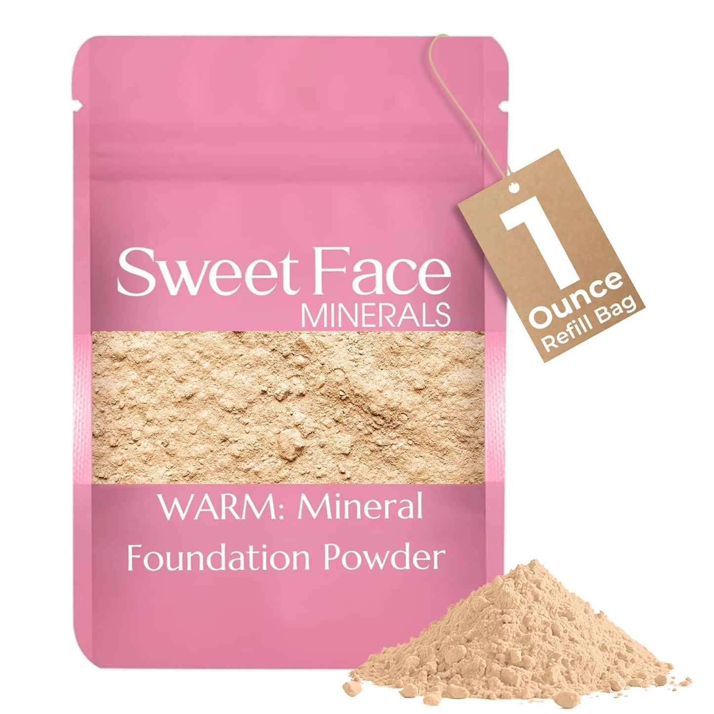 Foundation Powder Refill (Warm)(1 Ounce Bag) By Sweet Face Minerals, Lightweight Mineral Loose Makeup Powder with SPF 20, Full Coverage Flawless Finish, Talc-free, Cruelty-Free, Refillable Pouch
