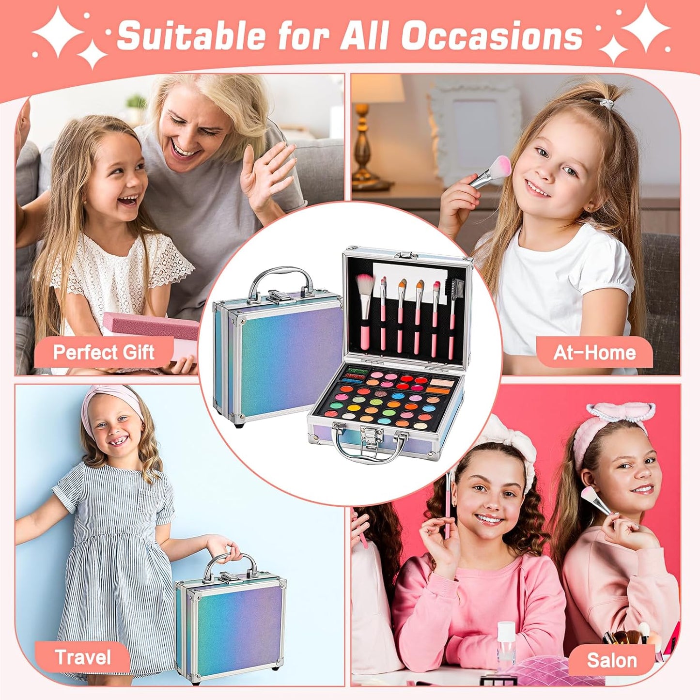 Anpro All-In-One Makeup Carry Case with Pro Teen Makeup Set, Full Starter Cosmetics Kit with Makeup Brushes, Eye Shadows Palette, Blushes, Glitter Gel, Temporary Tattoo Stickers - Blue