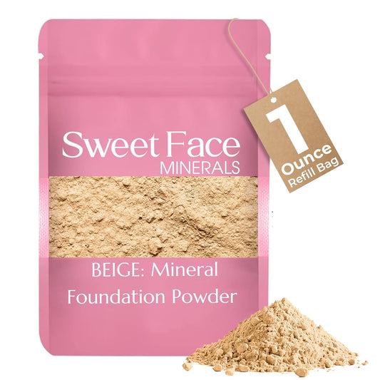 (1 Ounce Bag) BEIGE Foundation Powder Refill By Sweet Face Minerals, Lightweight Mineral Loose Makeup Powder with SPF 20, Full Coverage Flawless Finish, Talc-free, Cruelty-Free, Refillable Pouch