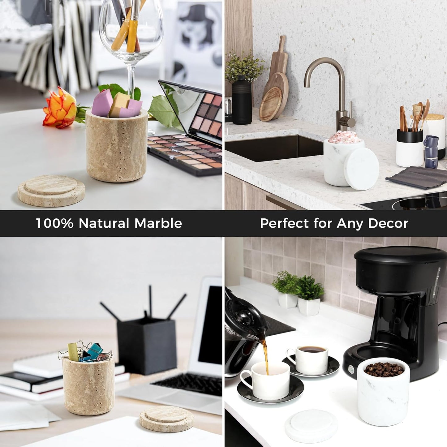 WORHE Marble Qtip Holder with Lid Natural Cotton Ball Container for Cotton Swabs,Makeup Sponges,Bath Salt Large Capacity Bathroom Canisters Jars for Countertop Storage and Organization White (WH051)