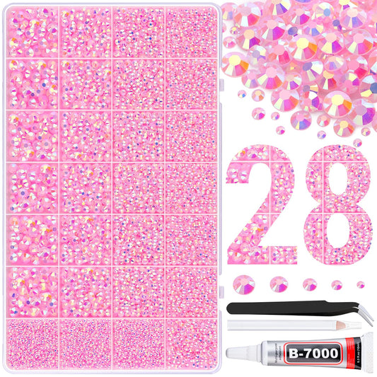 30000Pcs Resin Rhinestones for Bedazzling with Tweezers, Light Pink AB Rhinestones for Crafting with B7000 Jewelry Glue for DIY Crafts Clothing Tumblers Shoes Fabric Nail Art