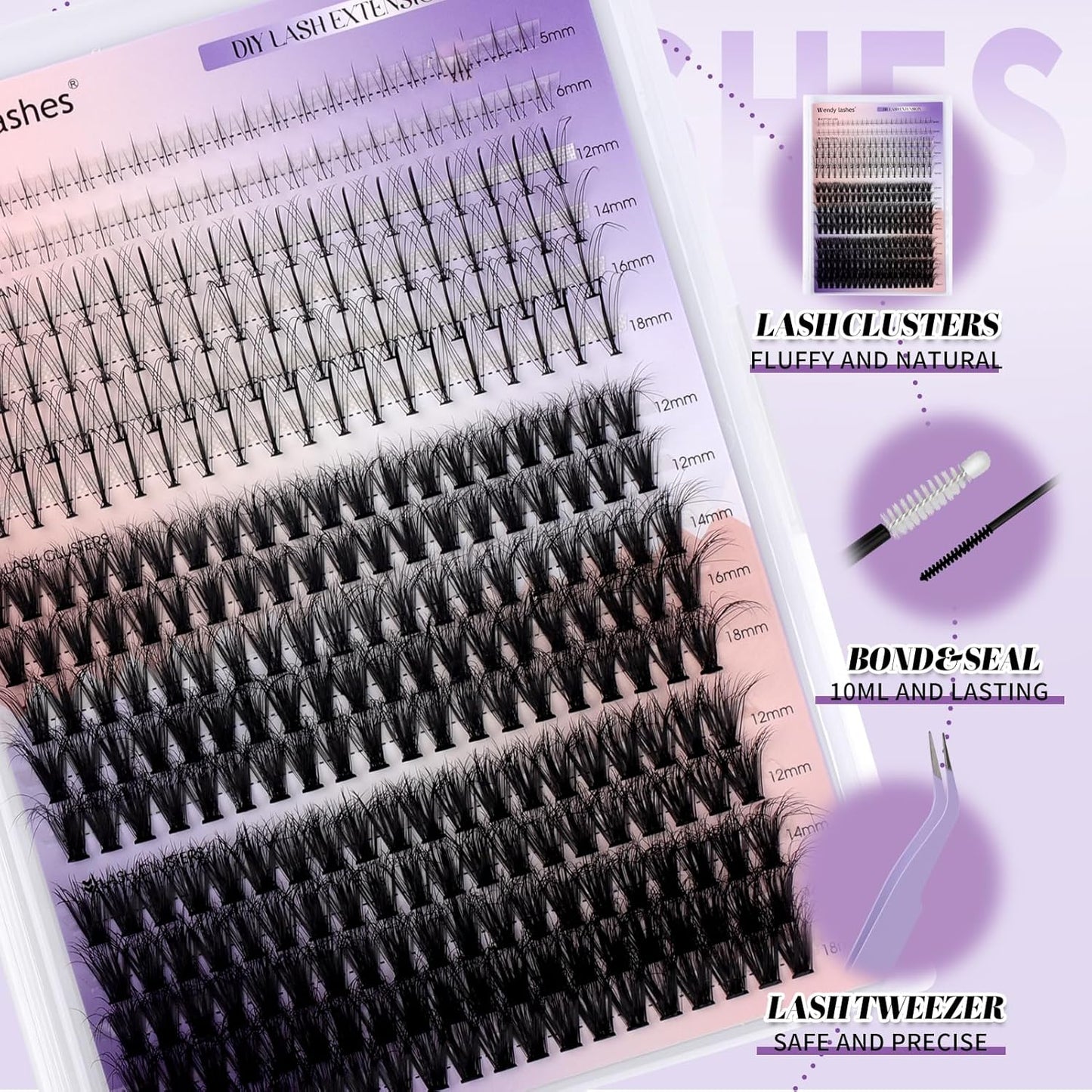 Lash Clusters Kit With Bottom Lashes 40/50/60/80/100/200D DIY Lash Extension Kit/3D Curl 12-18mm Multi-types Individual Lashes Bond and Seal, Spike, Volume Lashes Kit Lash Applicator(40/50 3DKit)
