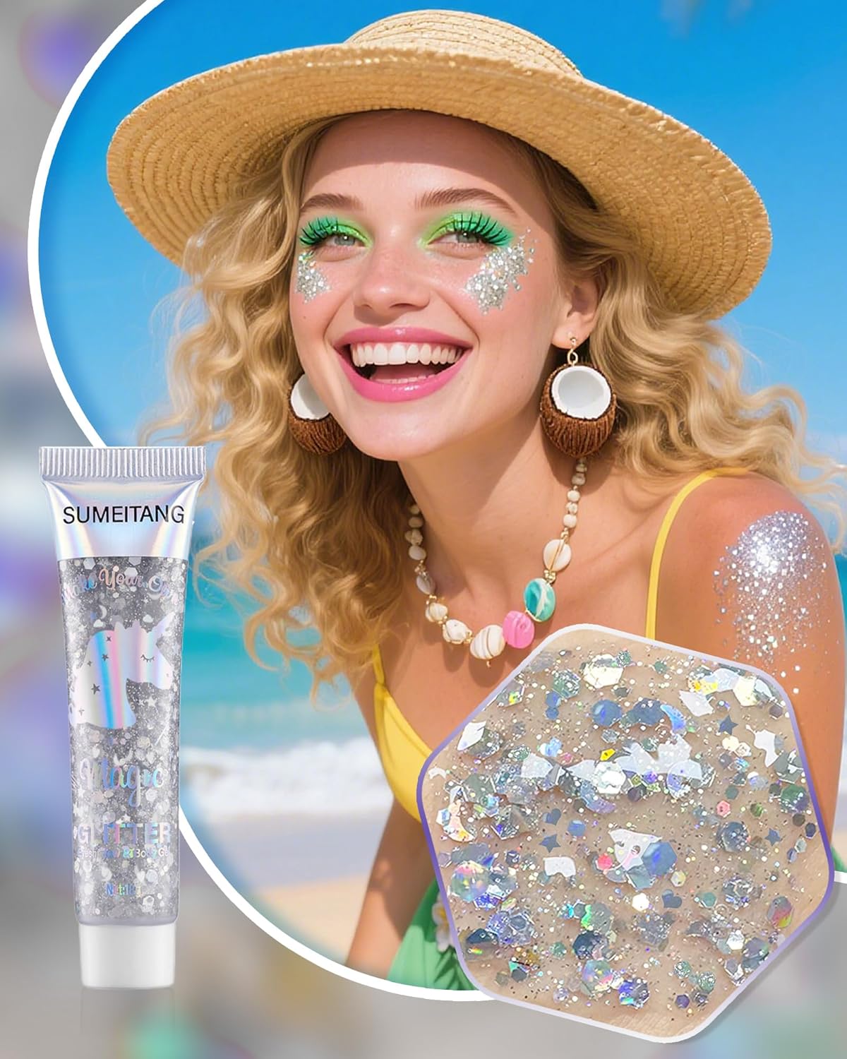 6PCS Silver Face Body Glitter Gel，Holographic Chunky Sequins Body Glitter Paint for Party Singer Concerts Music Festival Rave Accessories for Girls Women Face Body DIY Sparkling Makeup