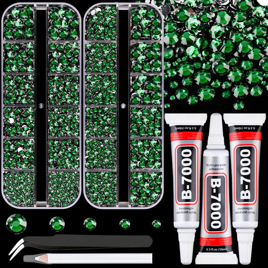 Resin Rhinestones for Crafting with B7000 Jewelry Glue, 2 Boxes Dark Green Flatback Crystals with 3Pcs 10ml Glue for Bedazzling Crafts DIY Nail Art Makeup，Non Hotfix Gems for Clothing Shoes