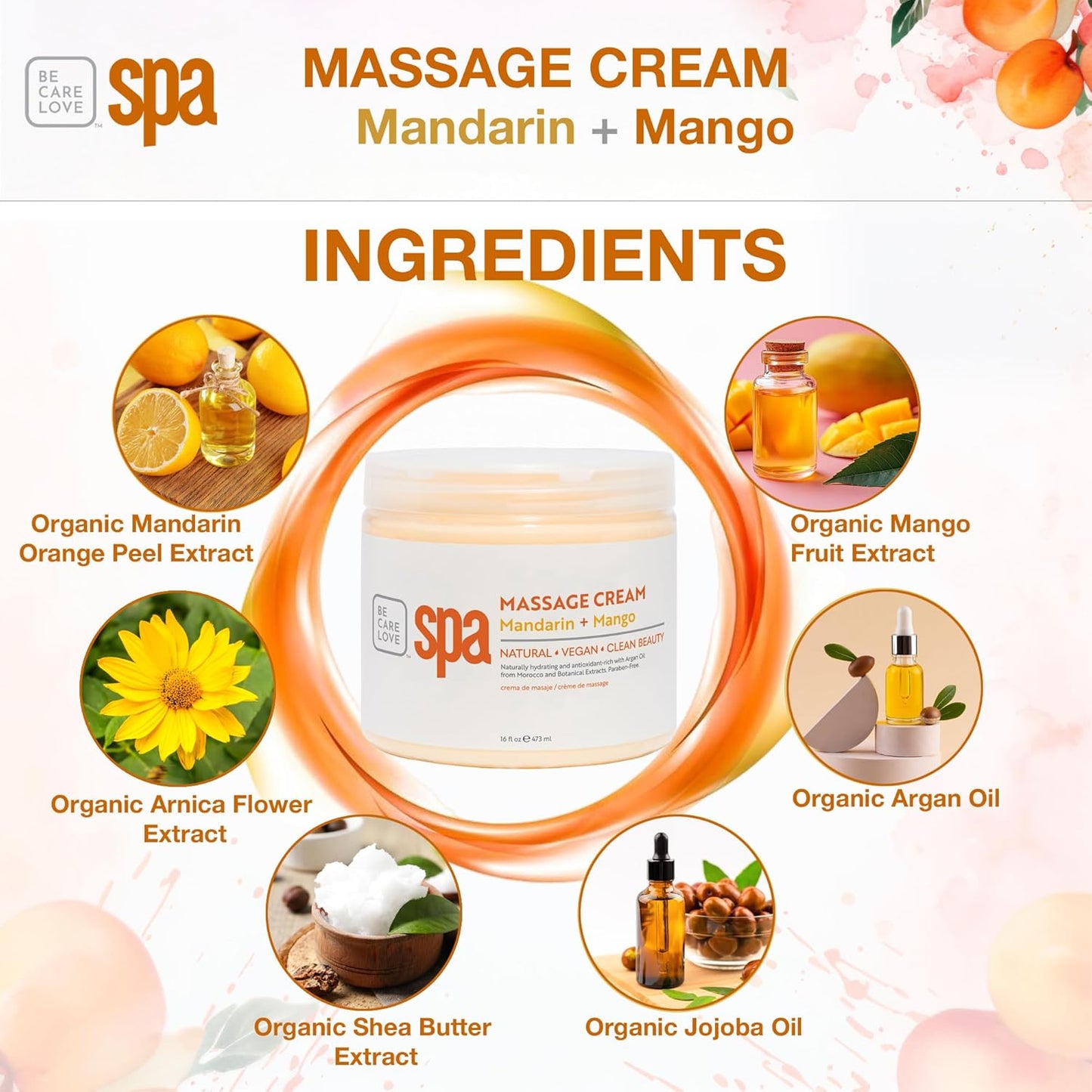 BCL SPA Massage Cream organic Mandarin + Mango body lotion with shea butter, aloe vera, peppermint, argan and jojoba oils, body cream to invigorate, hydrate and soften the skin. Home/Pro use 16 fl oz
