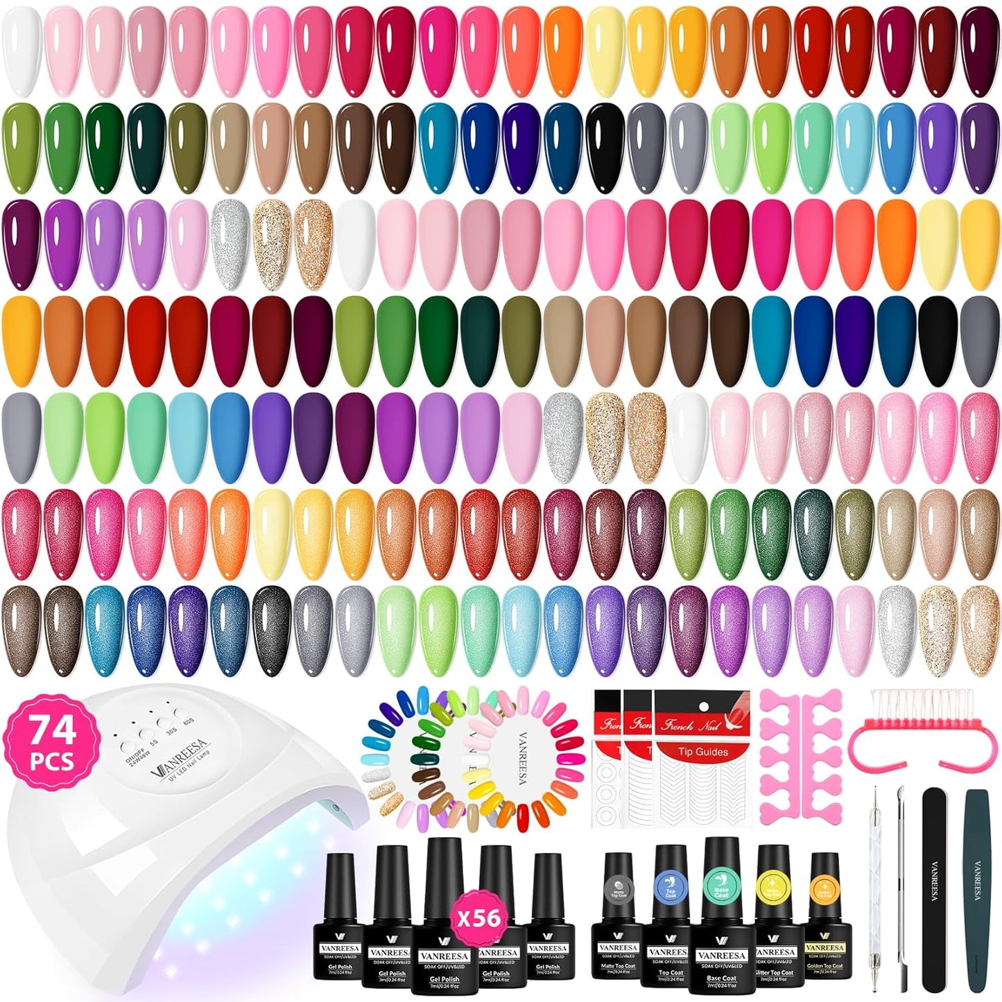 VANREESA Gel Nail Polish Kit with U V Light 74 Pcs Gel Polish Nail Set 56 All Season Colors Nail Polish Set + Base and 4 Effects Top Coat with Manicure Tools Complete Nail Kit Gifts for Women