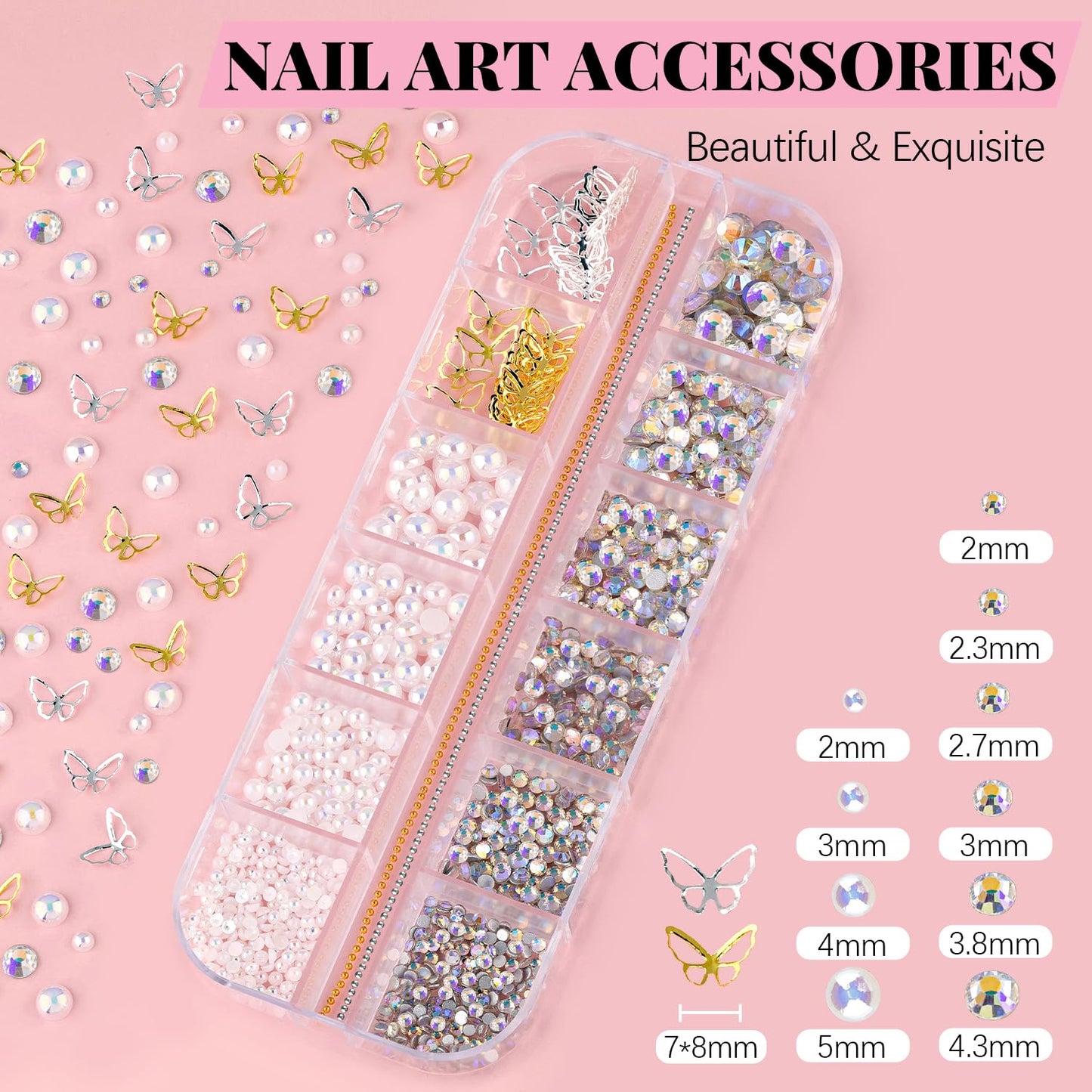 3D Nail Charms, Butterfly White Pink Flower Starry AB Gemstones Caviar Beads Half Round Pearl, Flat Back Glass Crystal AB + Transparent Clear Round Rhinestones for Nails with Pickup & Dotting Tools